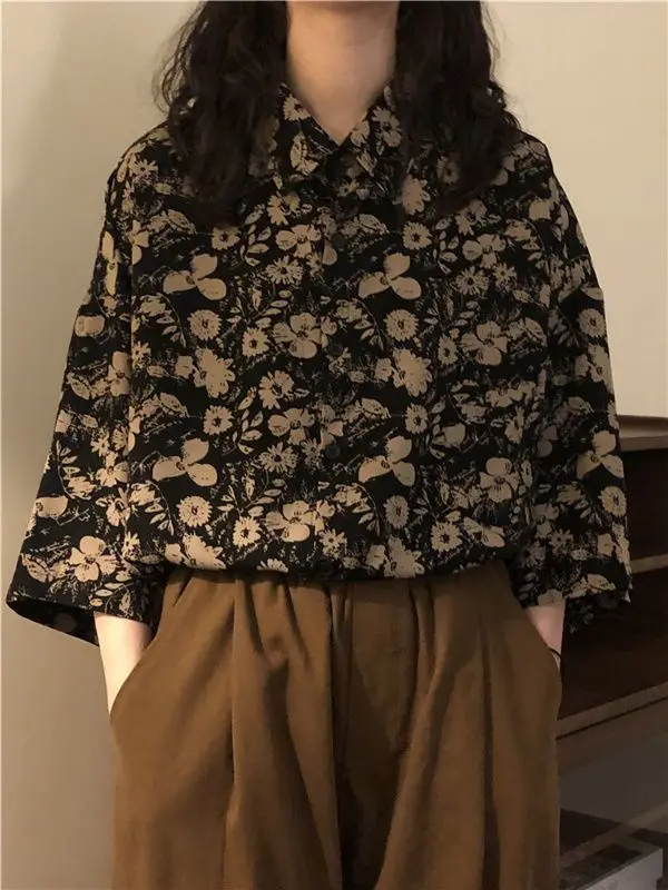 XEJ Vintage Blouse for Women Flower Shirt Top Y2k Women's Summer Tops 2023 Oversize Half Sleeved Casual Shirt Top