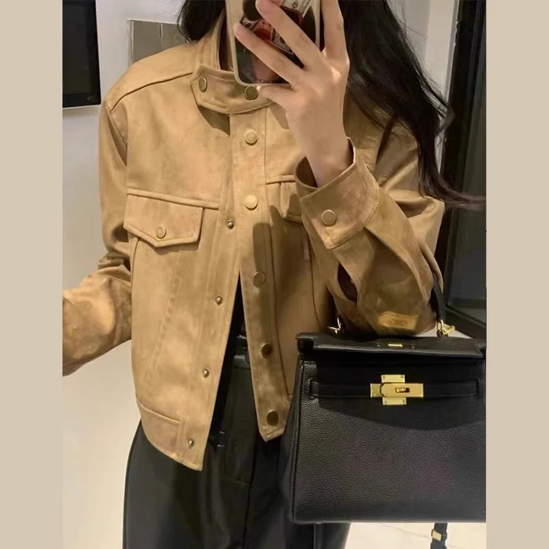 

2023 New popular spring and autumn clothing, Maillard leather jacket, women's autumn and winter small stature short baseball