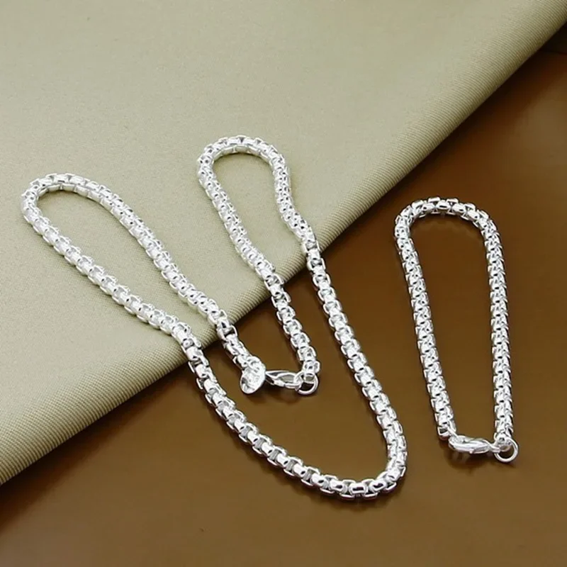 2pcs Set 45-60cm 925 Sterling Silver 4mm width Chain Necklace Bracelet set For Women Men Wedding Engagement Charm Jewelry silver necklace