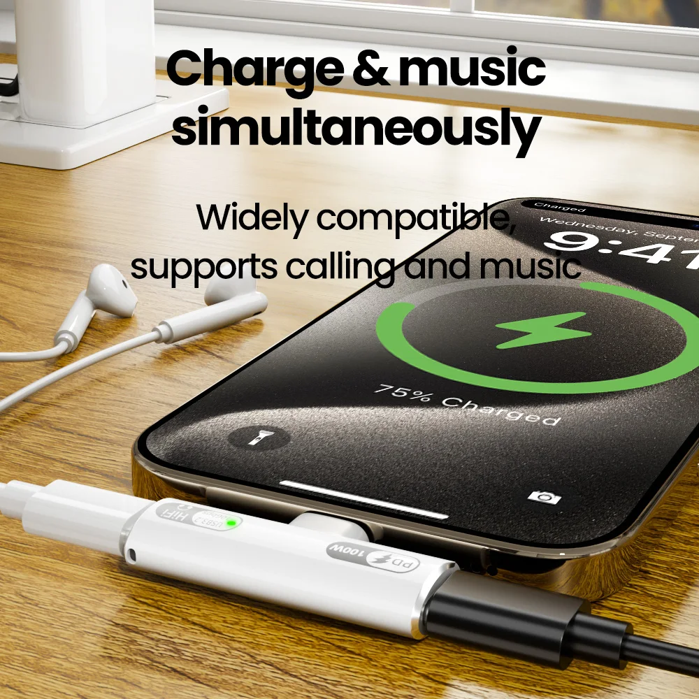 รูปสินค้า อะแดปเตอร์หูฟังชาร์จ 2-in-1 สำหรับ iPhone 15/16 และ Samsung