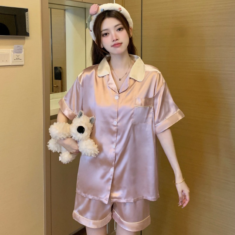 Ice silk thin section leisure solid color ladies pajamas summer new short-sleeved shorts lapel girls homewear two-piece set