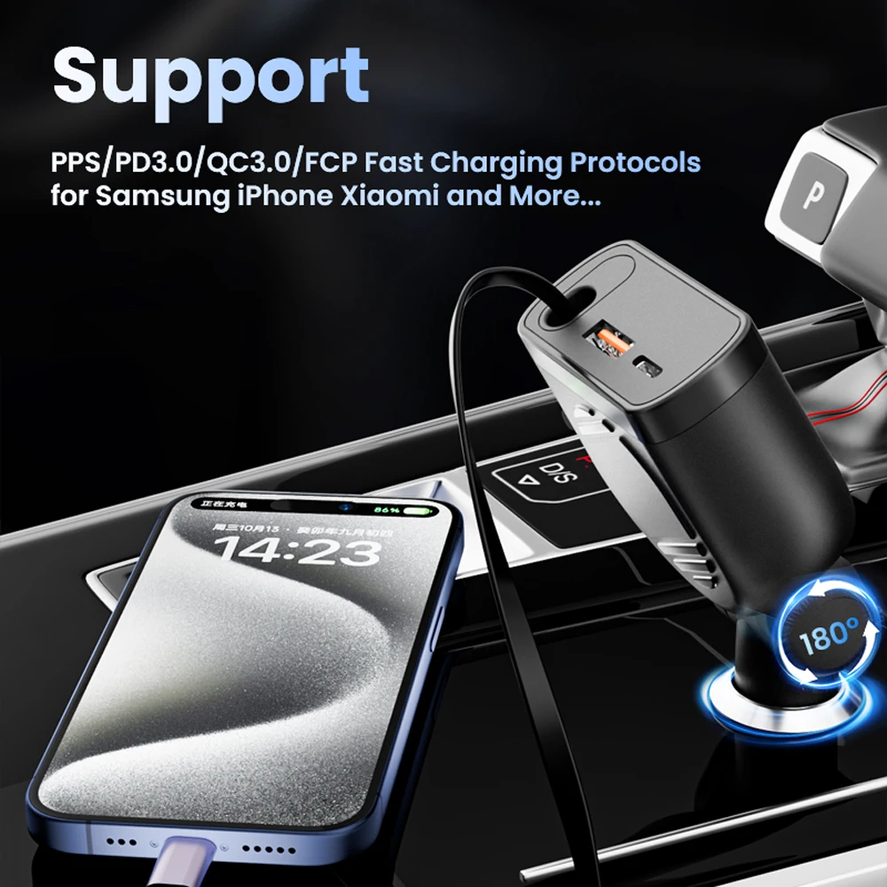 90W Fast Car Charger Retractable 3-in-1 PD3.0 QC3.0 PPS Fast Charging Car Phone Charger for IPhone 15 14 Pro Max Samsung Huawei