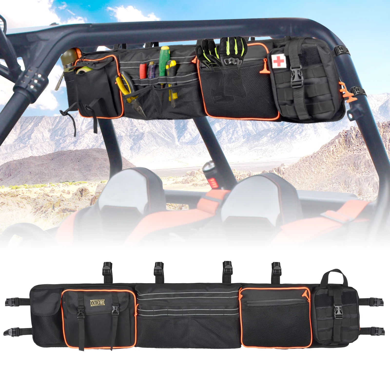 

UTV Large Roll Cage Organizer Cargo Rear Storage Bag Gear Bags First Aid Pouch with Reflective Strip For Most Full Size UTVs