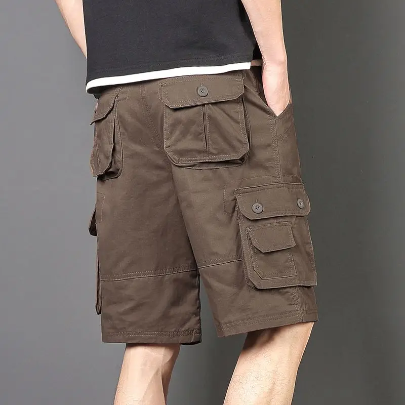 thumbnail image 1 of Pantalones cortos cargo negros largos para hombre, pantalones cortos verdes por encima de la rodilla para hombre, pantalones cortos desgastados con bolsillo frontal ancho y cintura elástica para hombr, 1 of 4