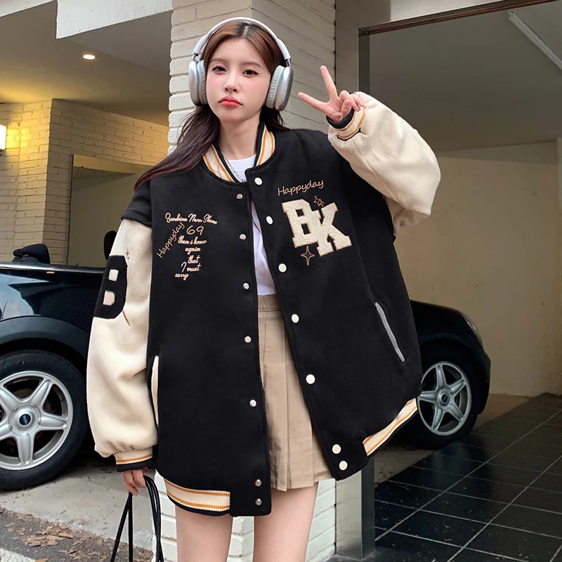 American retro DK letter embroidered hooded coat women's Y2K street hip-hop trend baseball uniform Harajuku loose casual coat