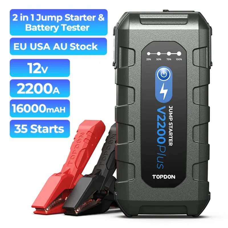

Переносной аварийный бустер для автомобильного аккумулятора TOPDON V2200Plus 2200A 12 В, внешний аккумулятор 2-в-1, тестер батареи и стартер