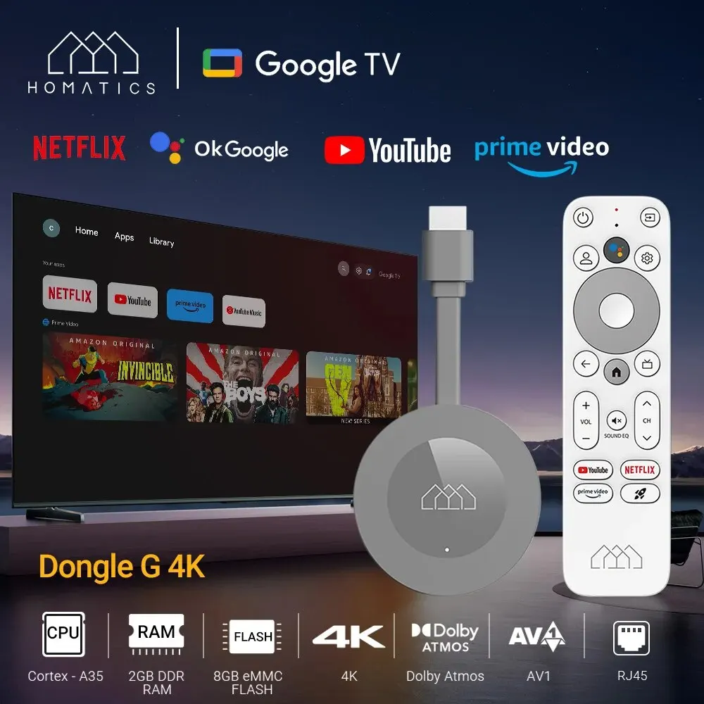 Homatics Dongle G 4K Tv Stick Con Netflix 4K Google Certified 2 G32G Amlogic S905Y4 Supporto Dolby Atmos Av1 H.265 2 T2R Wifi Box