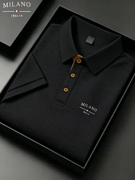Polo da Uomo Milano Italia con Lettere Jacquard, Tessuto Traspirante ad Asciugatura Rapida, Casual Business per Esterni e Uso Quotidiano, Manica Corta