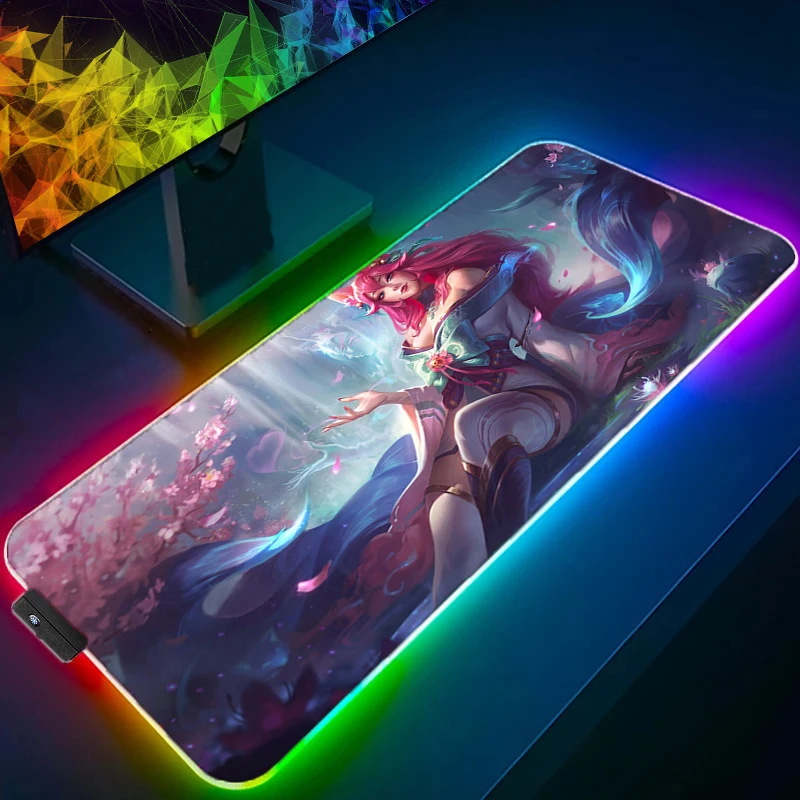 League Of Legends Ahri RGB Mousepad Large Gaming Accessories LED Illuminated Mouse Pad Keyboard Game Rubber Anti Slip Table Mat kawaii cartoon kangaroo mouse pad student notebook rubber pad keyboard protector office desktop non slip mini mouse pad