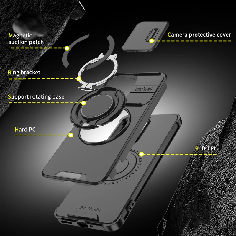 Magnetic Shockproof Phone Case with Rotating Ring Bracket - Hard PC + Soft TPU