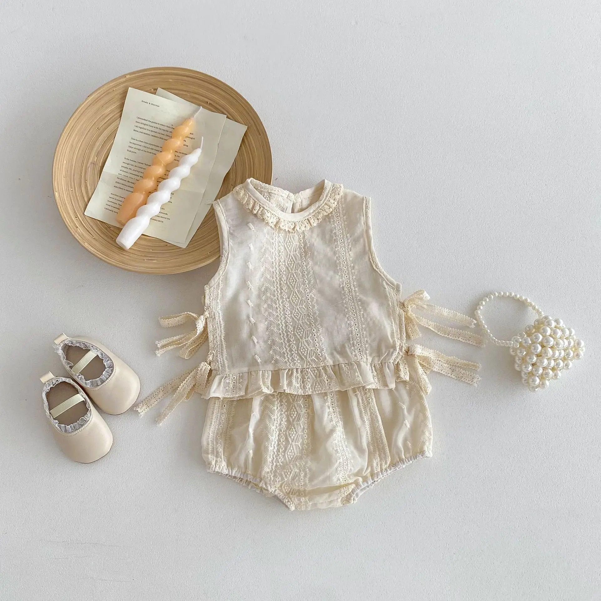

Girl Children Embroidery Sleeveless Lace Tops + Shorts 2pcs Newborn Summer Outfits Baby Cotton Tops Suit Loose Kid T-shirt Set