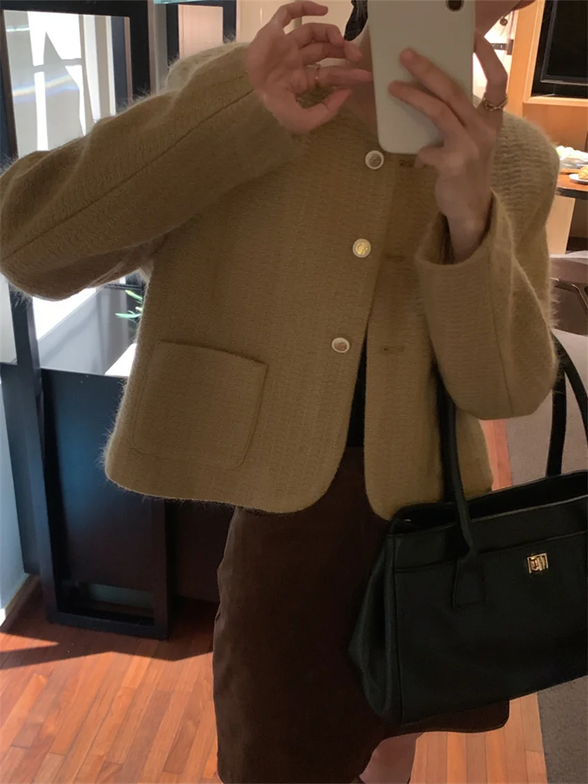 Arazooyi Vintage Woolen Blazers Warm OL 2022 Women Office Lady Chic Work Wear Autumn High Street Slim-Fit Elegant Casual Coat
