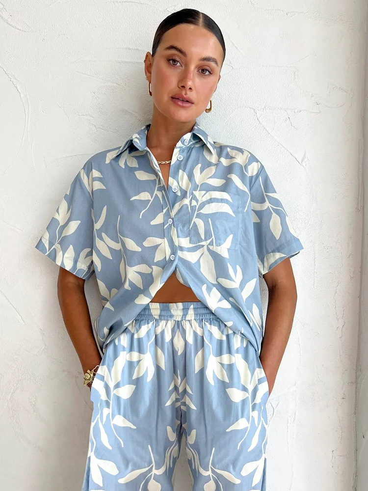 

Sibybo Ice Silk Blouse Set For Women Fashion Print Short Sleeve + High Waist Wide Leg Pants 2 Piece Set Women's Casual Suit