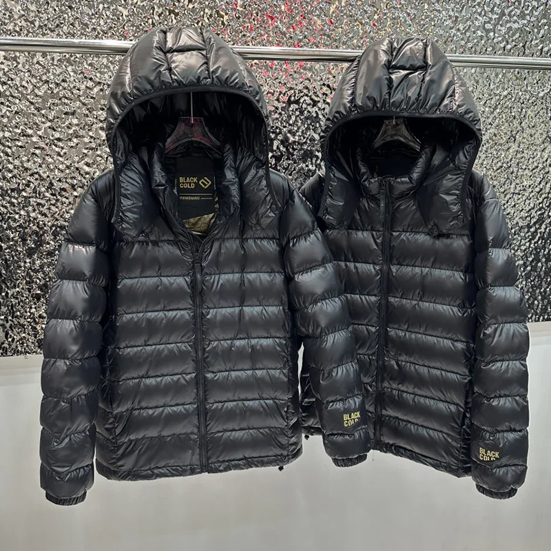 Janveny 2025 New Winter Lightweight Short Puffer Jacket For Women With Hood Oversized Warm 90% White Duck Down Black Glossy Coat