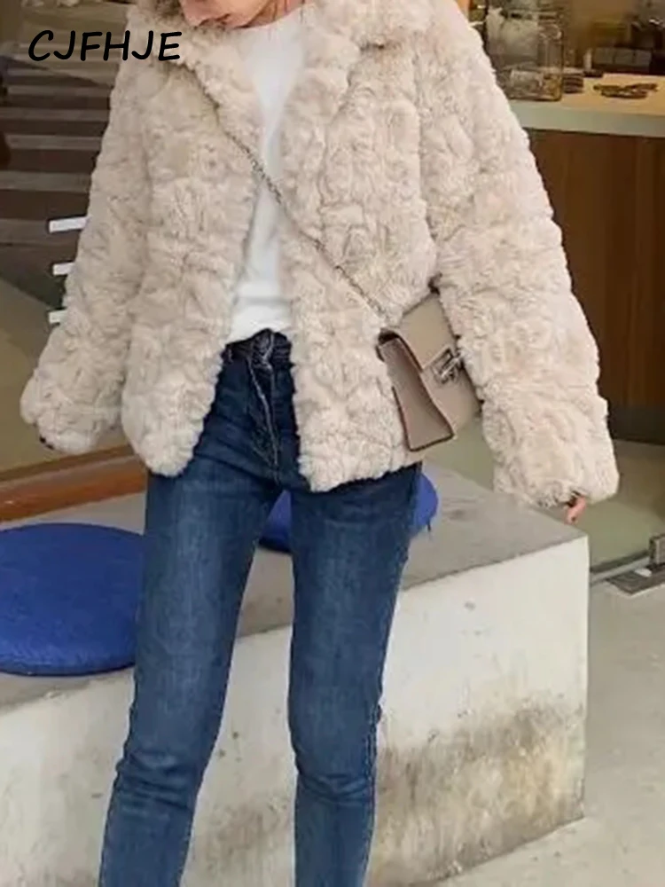 CJFHJE Autumn Winter New Korean Lamb Wool Coats Women Solid Color Thickened Warm Jackets Female Casual Loose Graceful Outerwear