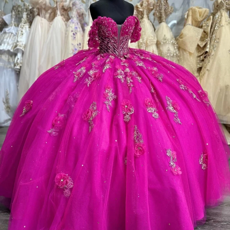 

Розово-красное платье для Quinceanera с аппликацией из бисера, милое платье 15 16, платье для выпускного вечера, с открытыми плечами, корсет, тюль, милое платье принцессы