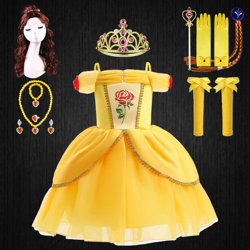 

Summer Fancy Children's Beauty and Beast Costume for Girl Rose Flower Shoulderless Tulle Birthday Party Belle Princess Dress Up