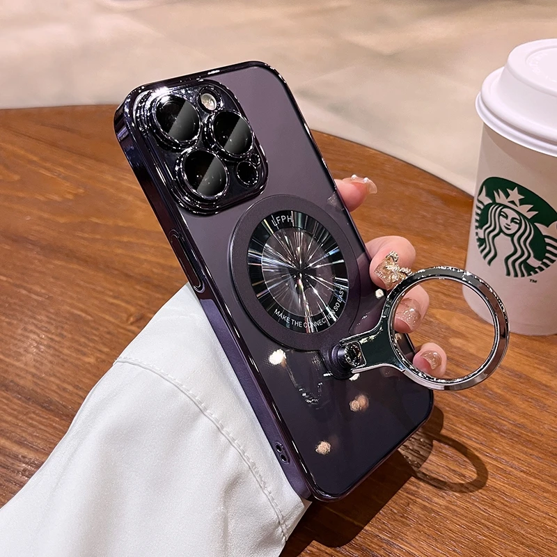 thumbnail image 1 of Luxury Ring Holder Bracket Magsafe Case for iPhone 15 13 14 12 Pro Max iPhone 11 Transparent Hard Acrylic PC Cover for iPhone 15, 1 of 5