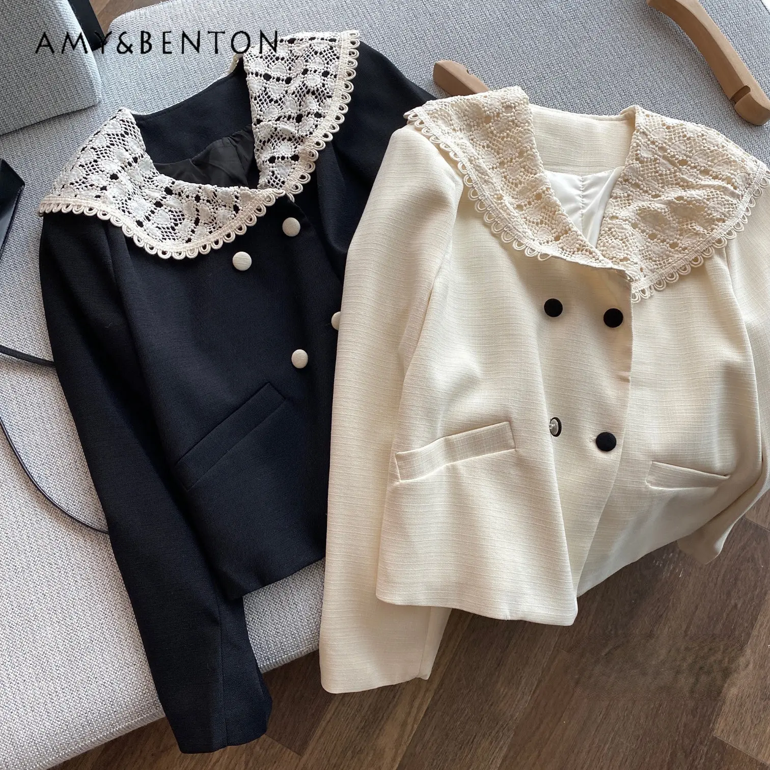 

Lace Collar Temperament Color Matching Short Coat for Women 2023 Spring New Loose Slimming Double Breasted Long Sleeve Suit Top