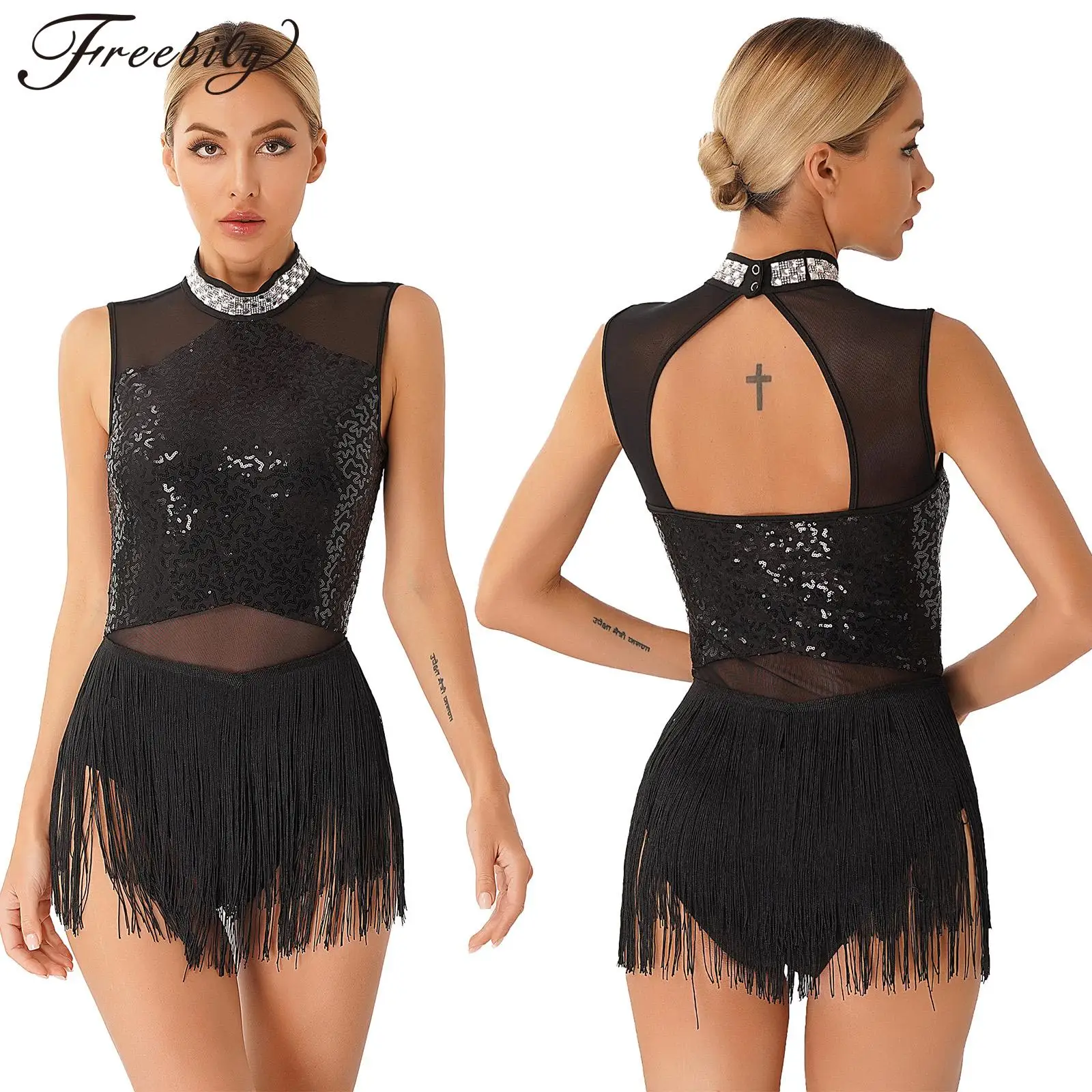 Dance Dress Dance Bodysuit Women Latin Dance Bodysuit Figure Skating Cha-Cha Samba Rumba Tango Ballroom Jazz Costume Rhinestone Sequin Mesh Tassels Dress