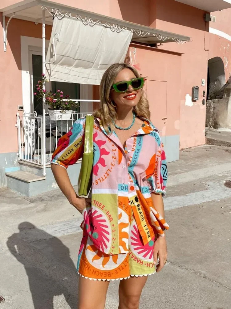 2024 New Women Printed Casual Shorts Set Casual Lapel Short Sleeve Shirt Suit Female Elastic Waist Summer Beach Holiday Outfits