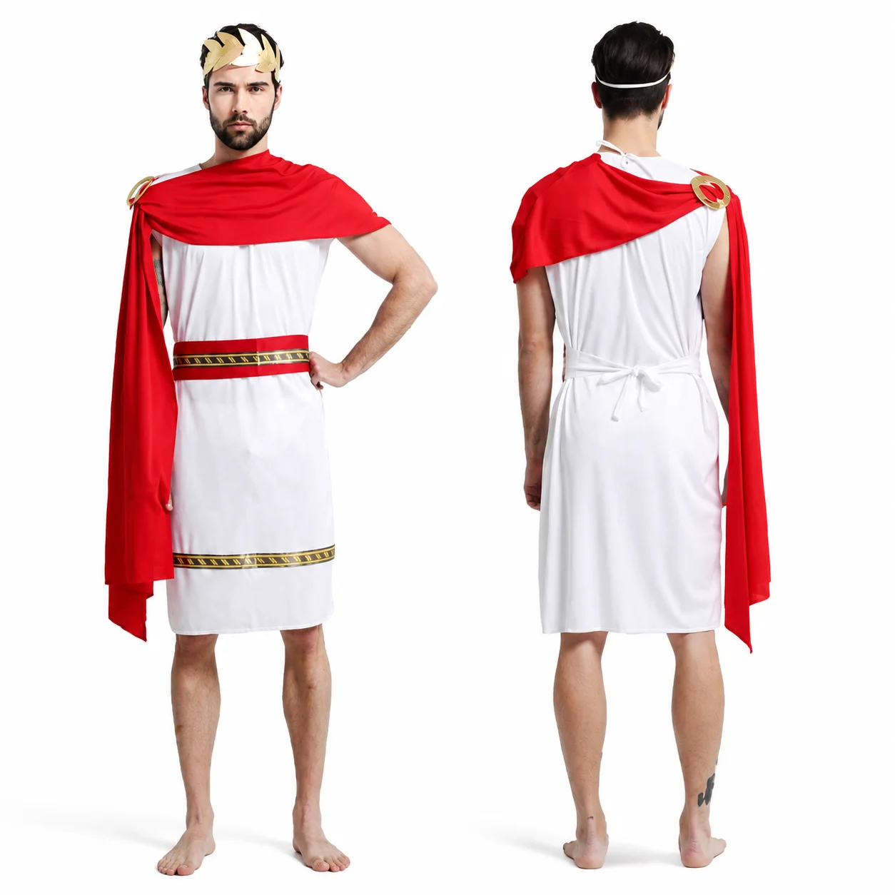 Costume Romano Greco per Adulti, Uomini e Donne, Toga Bianca, Mantello Rosso, Corona d'Alloro Dorata, Set per Halloween e Carnevale - immagine 2