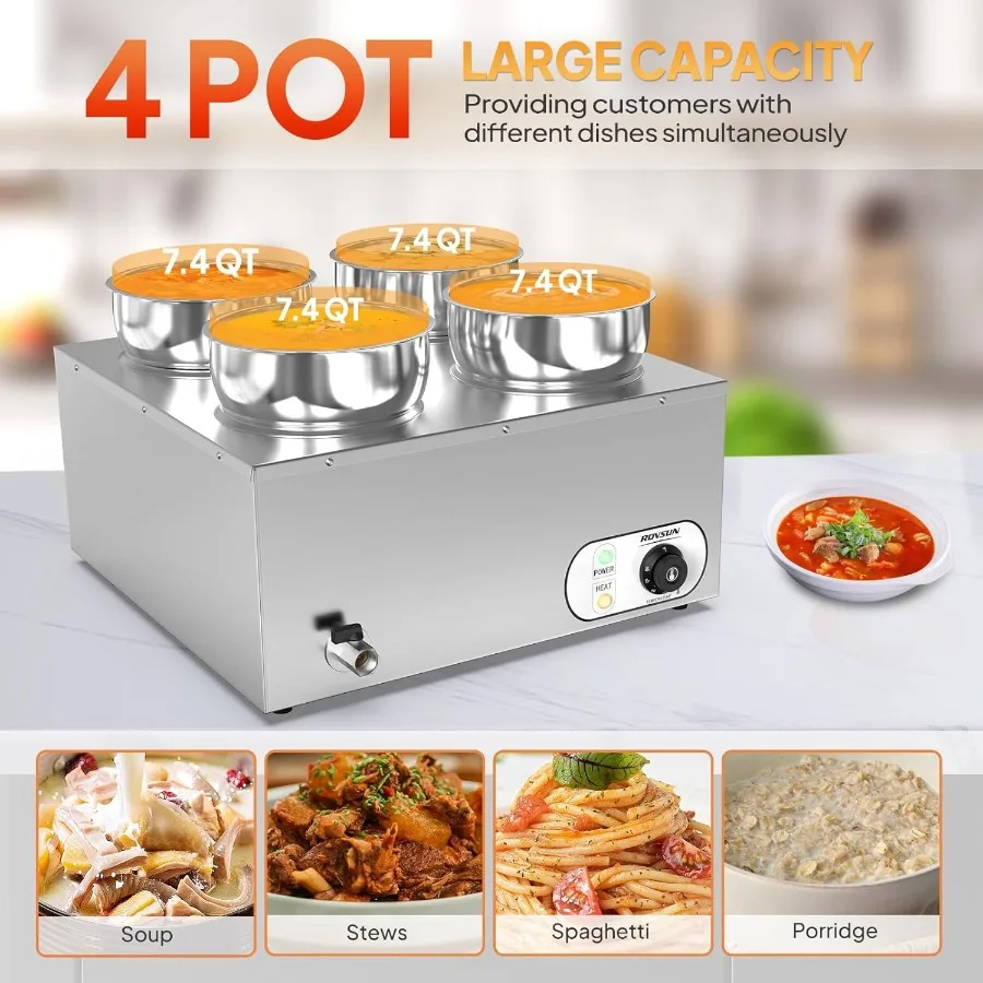 ROVSUN Electric Soup Warmer 30QT Commercial Food Warmer Steam Table Countertop Bain Marie with Four 7.4QT Pots 86185F Adjustabl