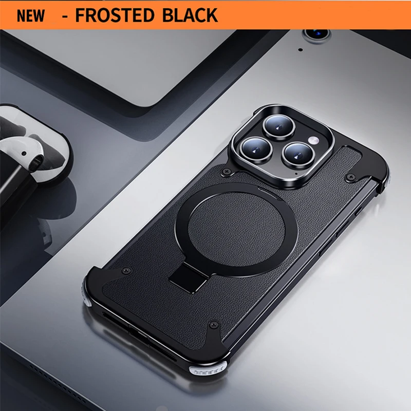 For iphone15 14 13 Pro Max Case Metal Magsafe frame four corner airbags Transparent leather Finger Ring car Phone Holder cover