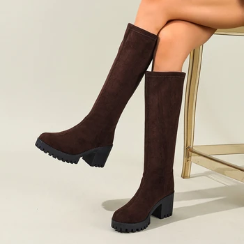 الشتاء جولة رئيس الجلد المدبوغ مريحة الدافئة عارضة فارس الأحذية المألوف جديد سميكة سوليد عدم الانزلاق مثير منتصف أنبوب الأحذية للنساء