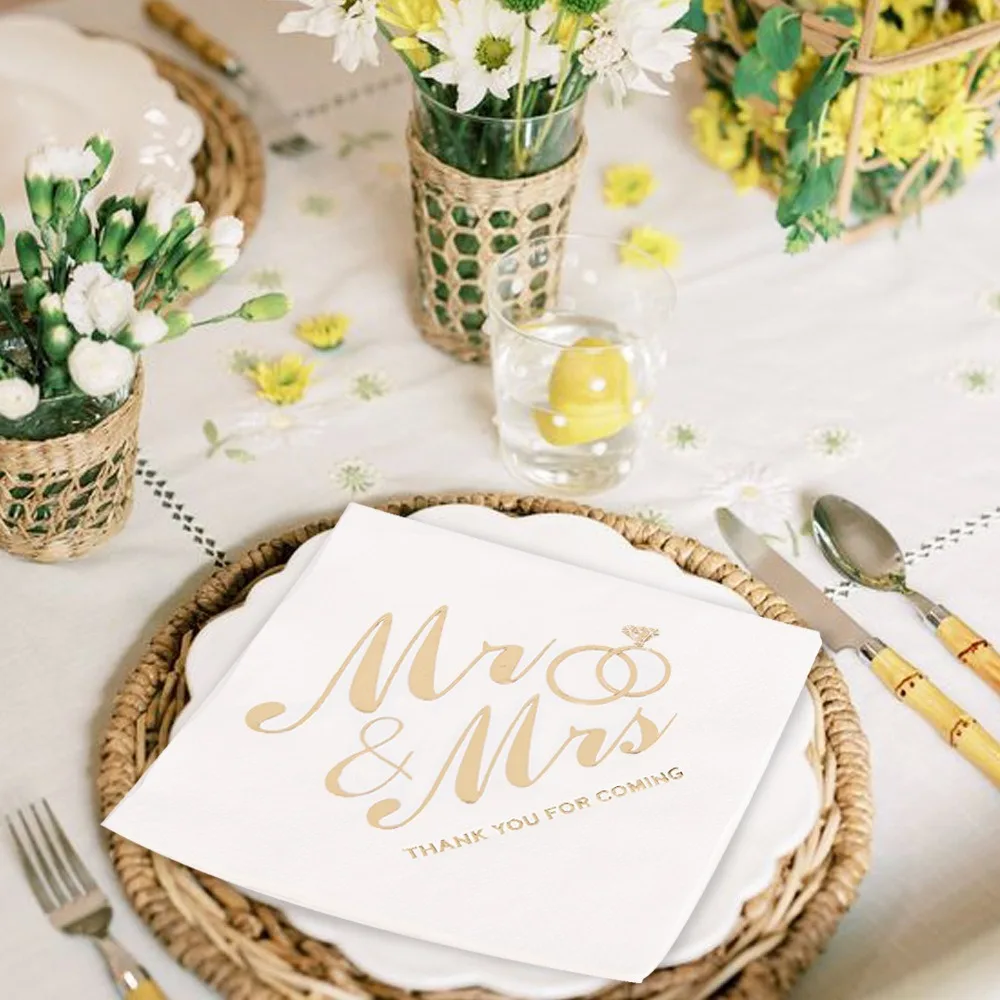 100pcs Bronzing Printed Mr Mrs Wedding Napkins 3-Ply Paper Cocktail Napkins Soft Disposable for Wedding Anniversary