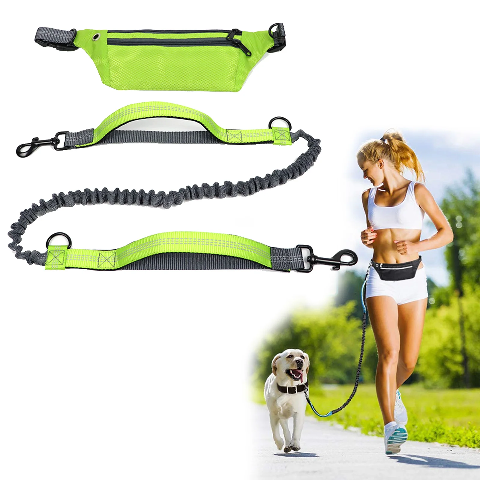 Hands Free Dog Leash with Waist Pocket Adjustable Reflective Belt