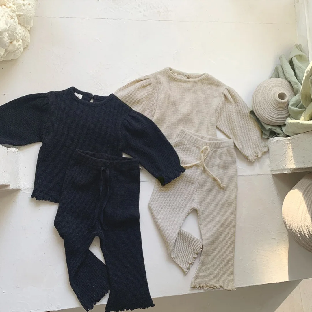 

Solid Waffle Print Loose Shirt+High Waist Wide Leg Pants Sets For Baby Girls 2pcs Spring Autumn Clothing Set Kids Loungewear