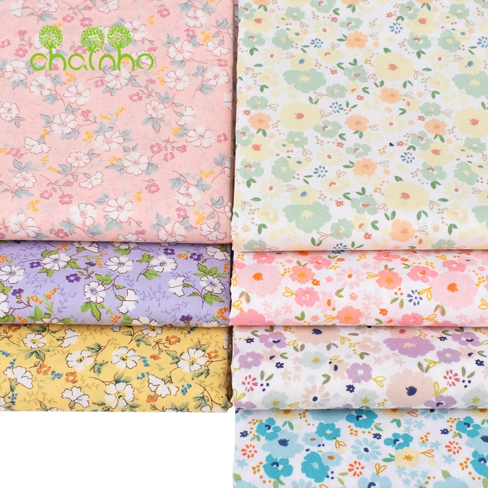 Chainho,Light Color Floral Printed Plain Poplin Cotton Fabric,DIY Sewing Quilting Material For Baby&Children's Shirt,Skirt,Dress