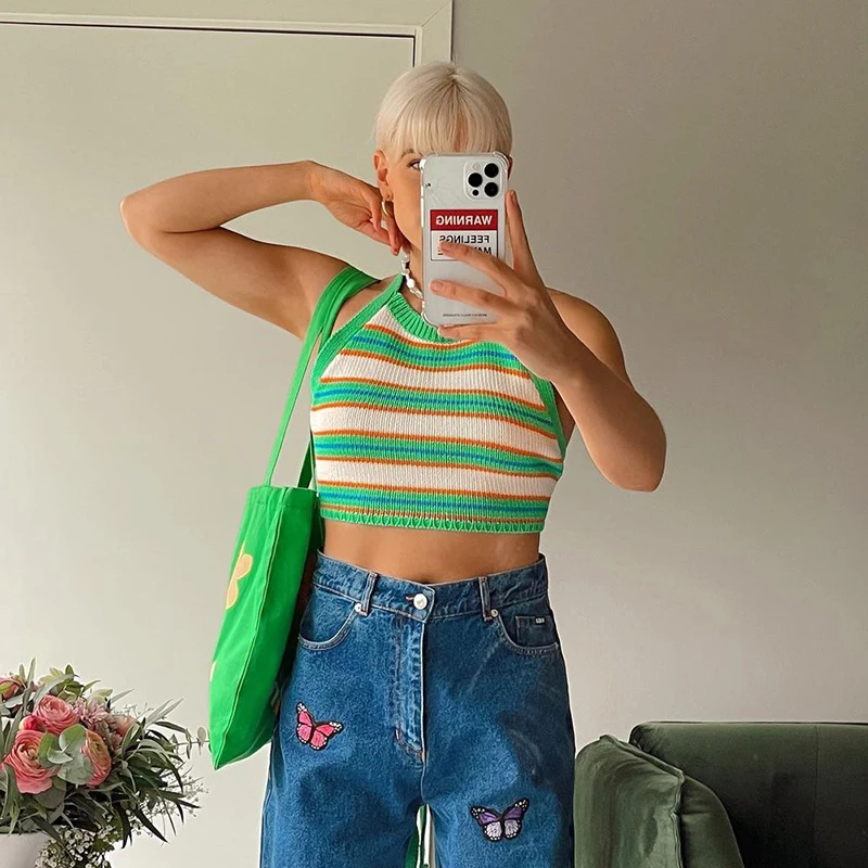 Women s Stylish Striped Halter Neck Crop Top with Sexy Backless Design in Blue and Green Color Options