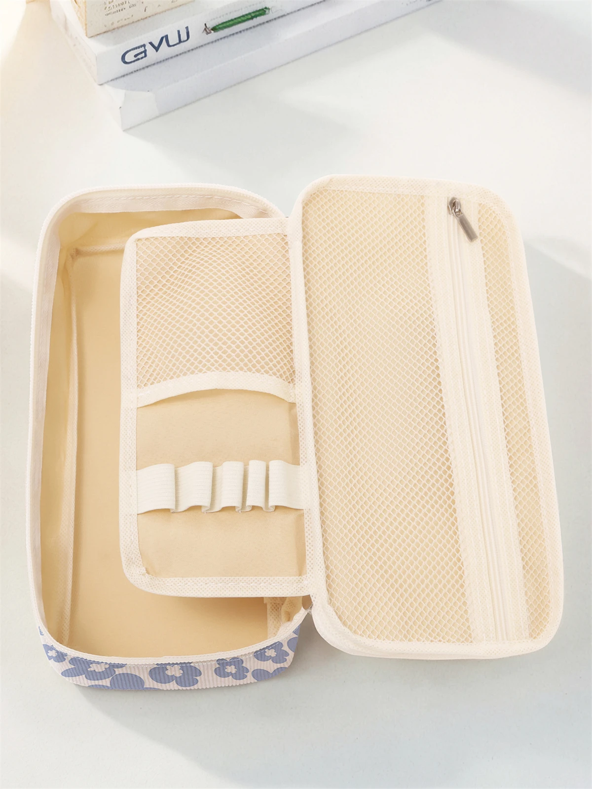 Flower pattern printed large capacity pencil case, durable multifunctional storage bag, portable zipper storage box