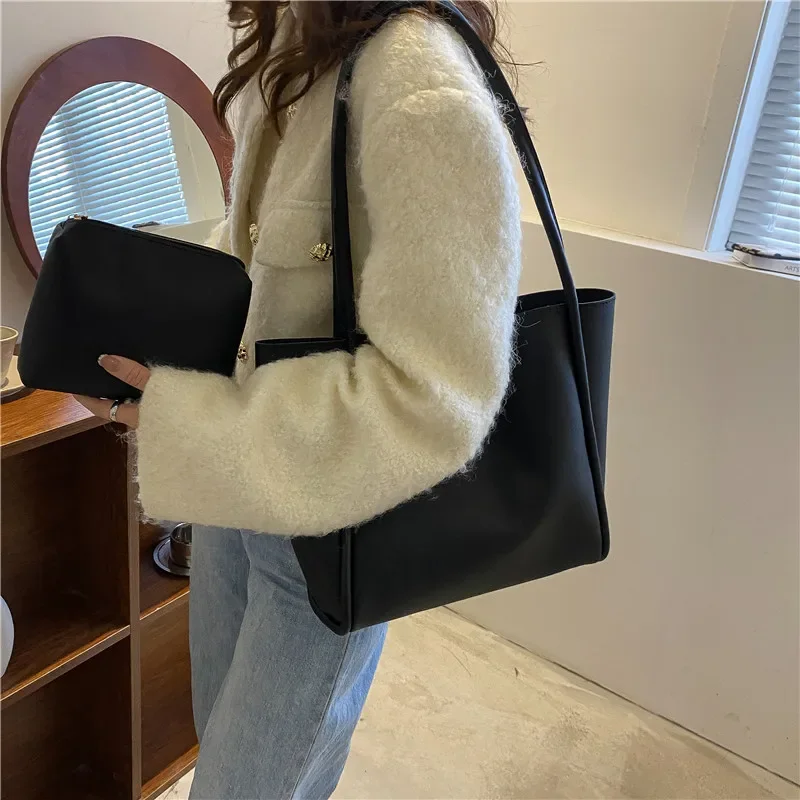 Korean Version Solid Color 2024 New Women's Bag Simple Portable Tote Bag Large Capacity Shoulder Bag Luxury Designer Handbag