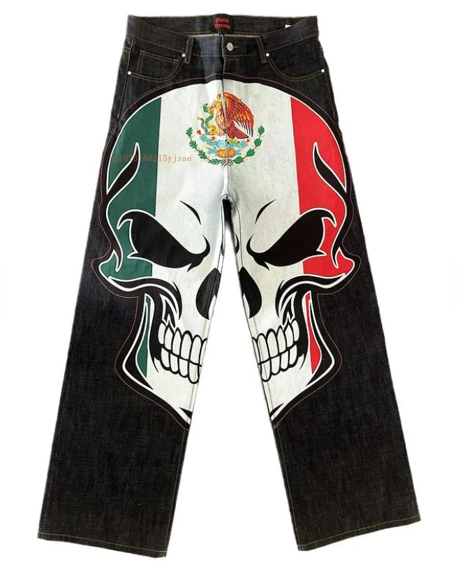 Tide Y2k Jeans Men Women Skull Elements Personalized Straight Pants American Street Style Ins Loose Casual Blue Denim Pants