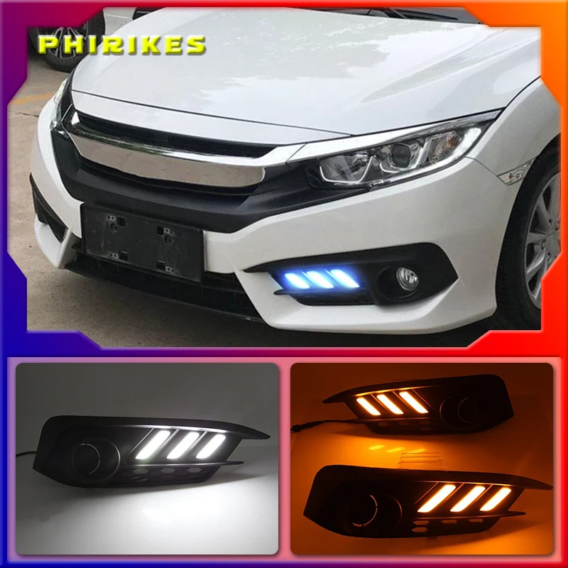 

Car 1 Set For Honda Civic 10th 2016 2017 2018 LED DRL Daytime Running Light Daylight Yellow Turn Signal Lamp Styling