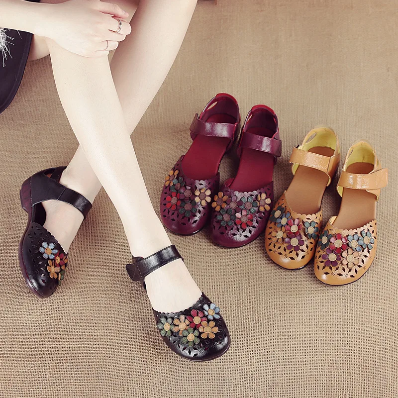 Luxury flower deco cut-outs sandals woman geunine leather flats non-slip summer 2024 designer mary janes shoes