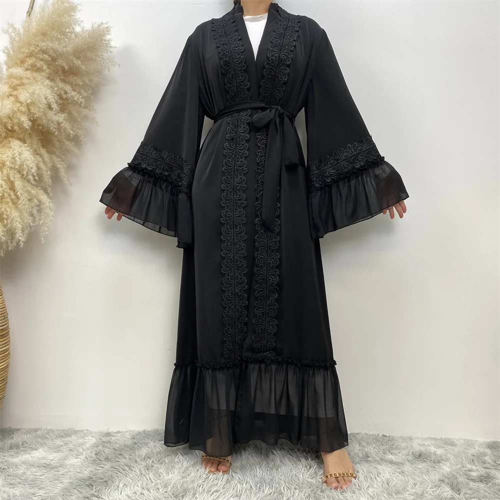 

Dubai Middle East New Black Floral Embroidery Lace-up Muslim Cardigan Robe caftan marocain de mariage abayas for women