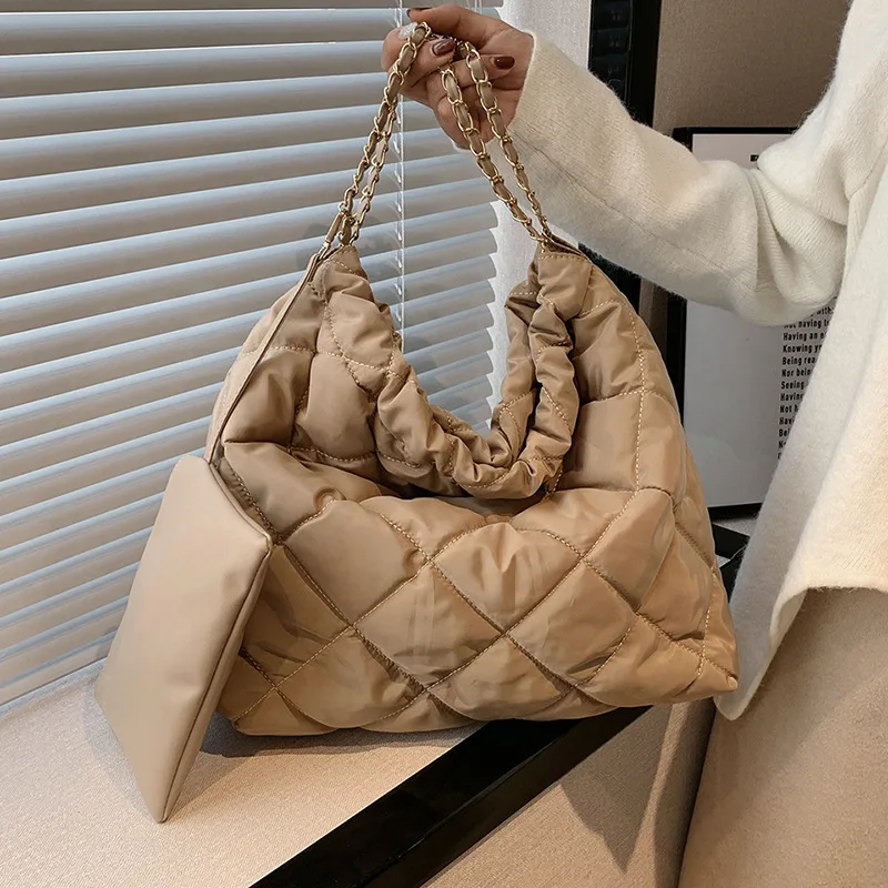 

2 Pcs/Set Padded Shoulder Bag for Women Plaited Chain Square Nylon Winter Quilted Purse Big Shopper Handbag Bolsas Para Mujeres