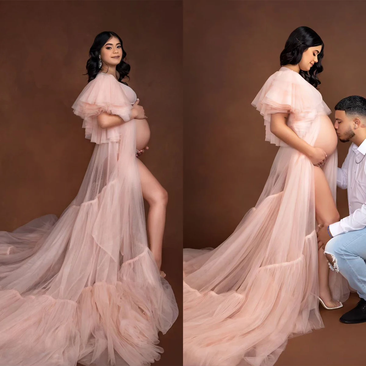 

Элегантные Выпускные платья для фотосъемки или детского душа индивидуальный пошив сексуальный V-образный вырез с высоким разрезом с оборками для фотосъемки халат для фотосъемки