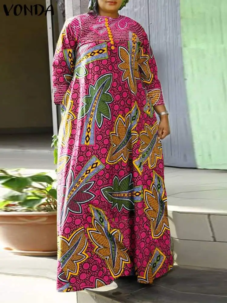 

Plus Size 5XL VONDA Bohemian Women Maxi Dress 2024 Spring 3/4 Sleeve Vintage Floral Printed Casual Long Sundress Loose Vestidos