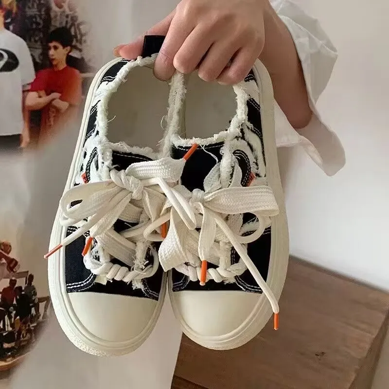 

Feerldi Chic Retro Canvas Sneakers Women 2023 Autumn Original Skate Shoes Stylish Frayed Girls Platform Sneaker Female Footwear