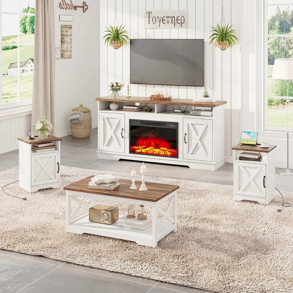 5-Piece Set 63" TV Stand with 26" Fireplace, 40" Coffee Table, 2 End Tables with Charging Station & USB Ports,Living Room Table