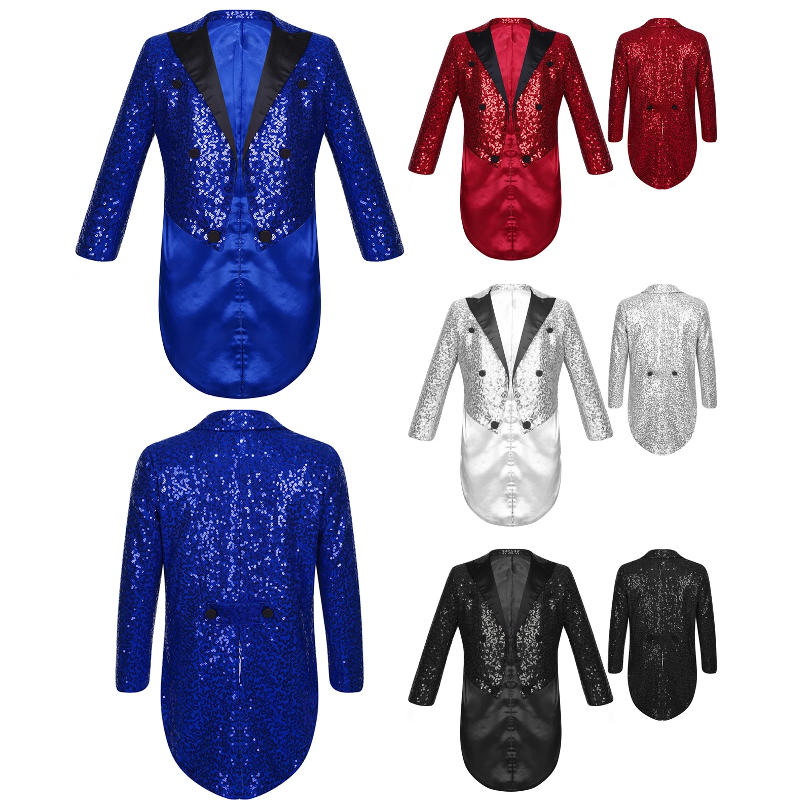 Boys suit set Kids Boys Full Sequin Tailcoat Satin Peaked Lapel Open Front Long Sleeve Blazer for Magic Shows Performance