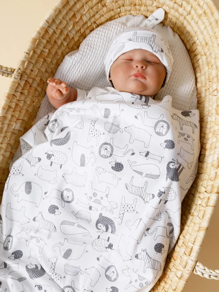 Baby blanket and hat made of 100% pure cotton, soft and comfortable, with multiple patterns to choose from as a gift for newborn 6