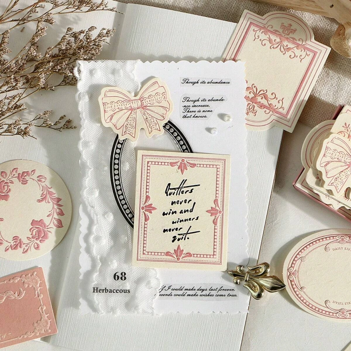 30 specially made thick cow paper notebooks, retro relief printing, with floral bow details frame, print style, diary decoration - 6