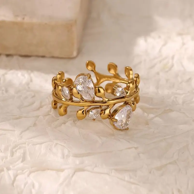 Fashion Zircon Leaves Rings For Women Gold Color Stainless Steel