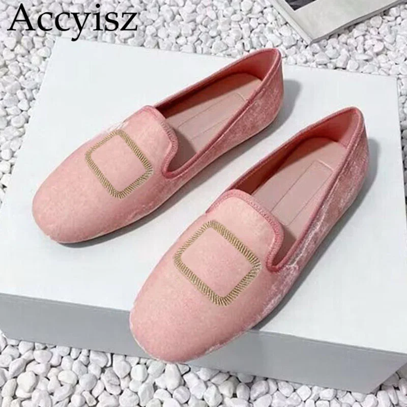 

Spring Autumn Metal Buckle Flat Loafer Women Corduroy Round Toe Solid Color Comfort Casual Shoes Outdoor Vacation Mules Shoes